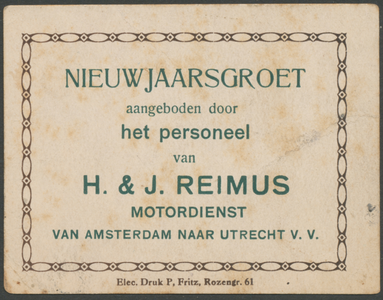 712848 Visitekaartje met Nieuwjaarsgroet aangeboden door het personeel van H. & J. Reimus, Motordienst ...